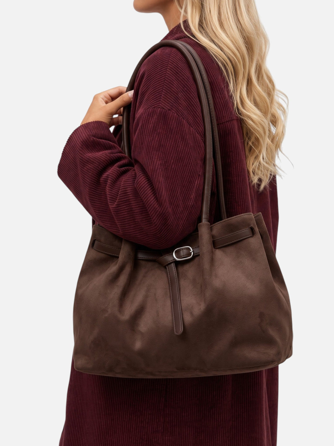 Women's Faux Suede Shoulder Tote with Buckle Belt Detail