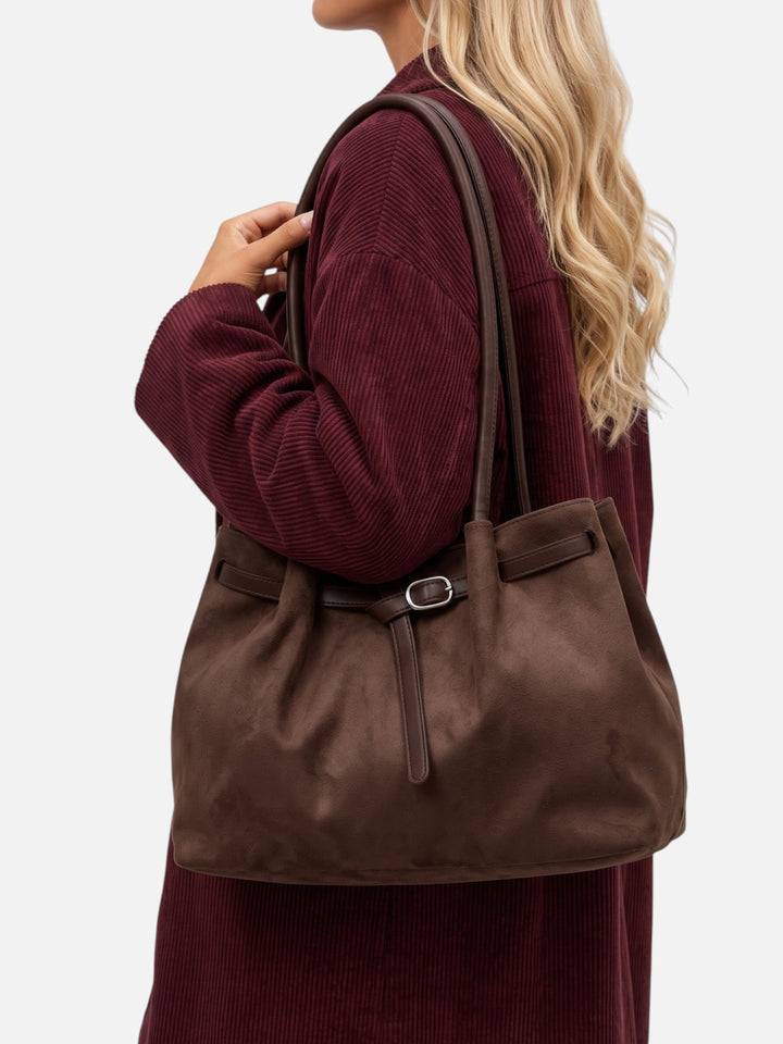 Women's Faux Suede Shoulder Tote with Buckle Belt Detail