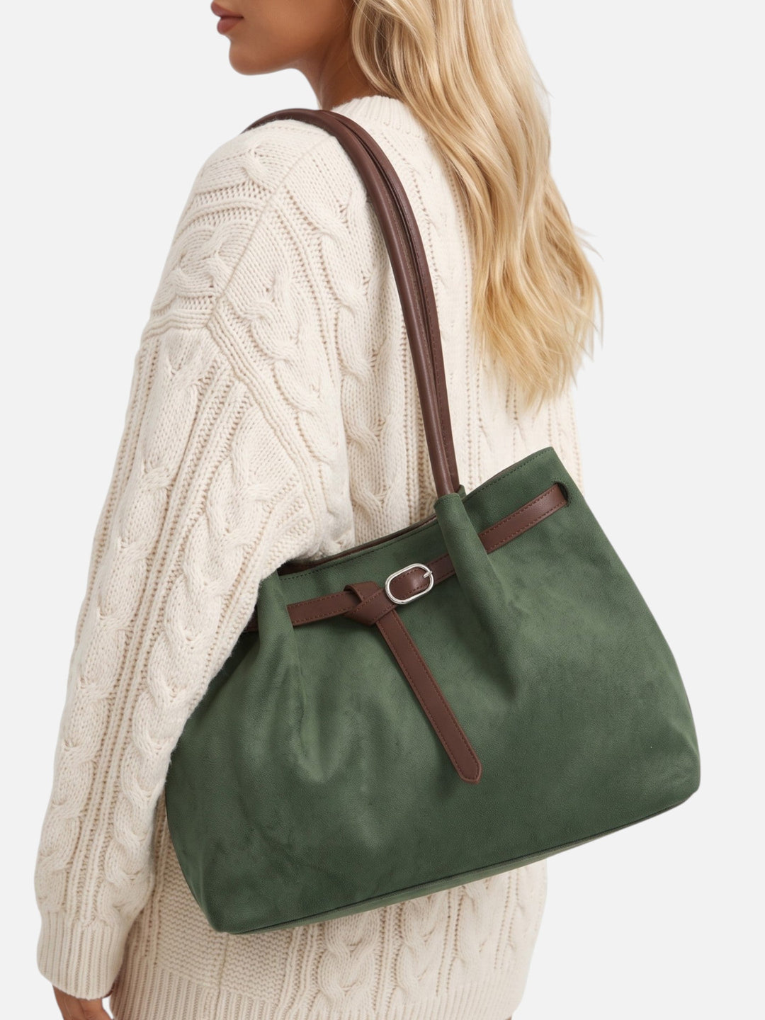 Women's Faux Suede Shoulder Tote with Buckle Belt Detail