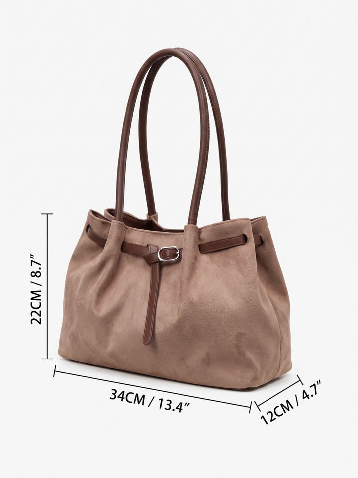 Women's Faux Suede Shoulder Tote with Buckle Belt Detail