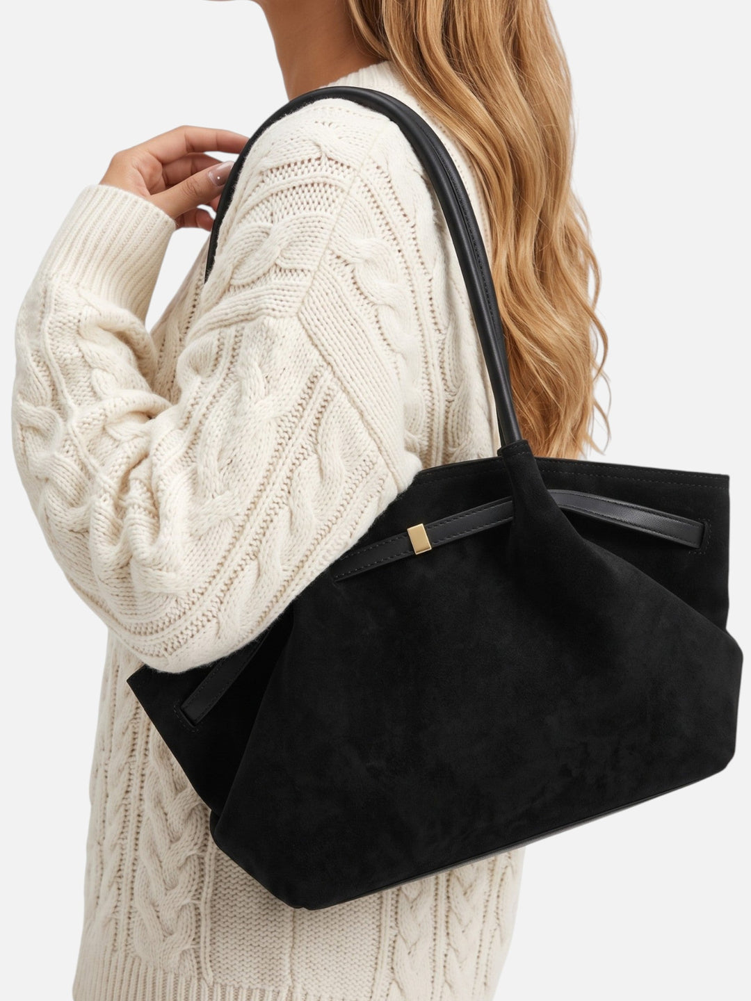 Women's Faux Suede Shoulder Tote with Belt Detail