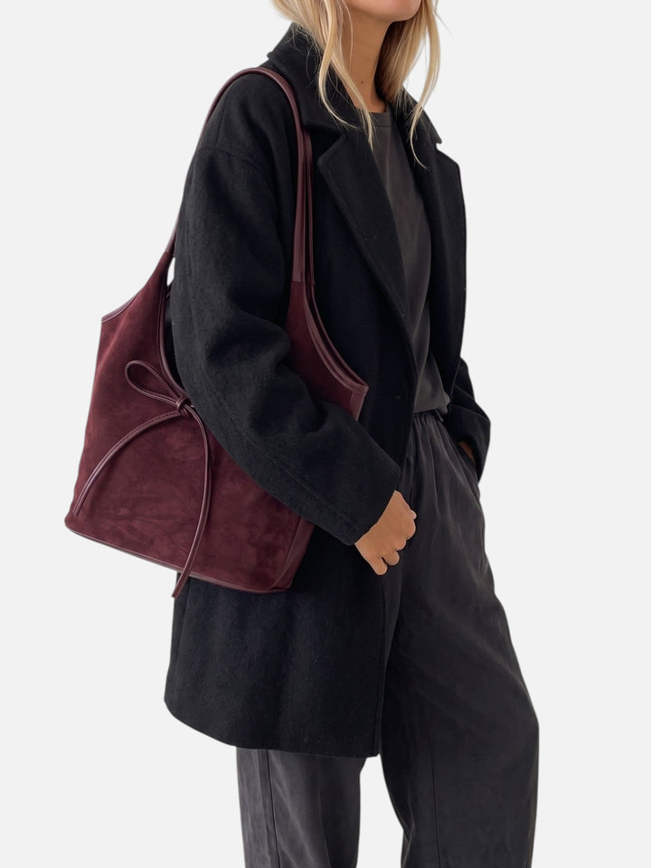 Women's Faux Suede Shoulder Bag with Bow Detail
