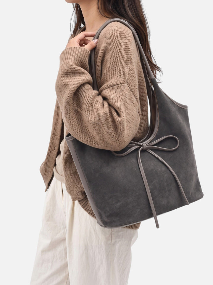 Women's Faux Suede Shoulder Bag with Bow Detail