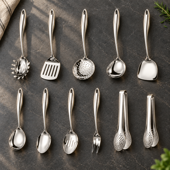 Stainless steel kitchen utensil set with curved handles, 3 to 11 pieces