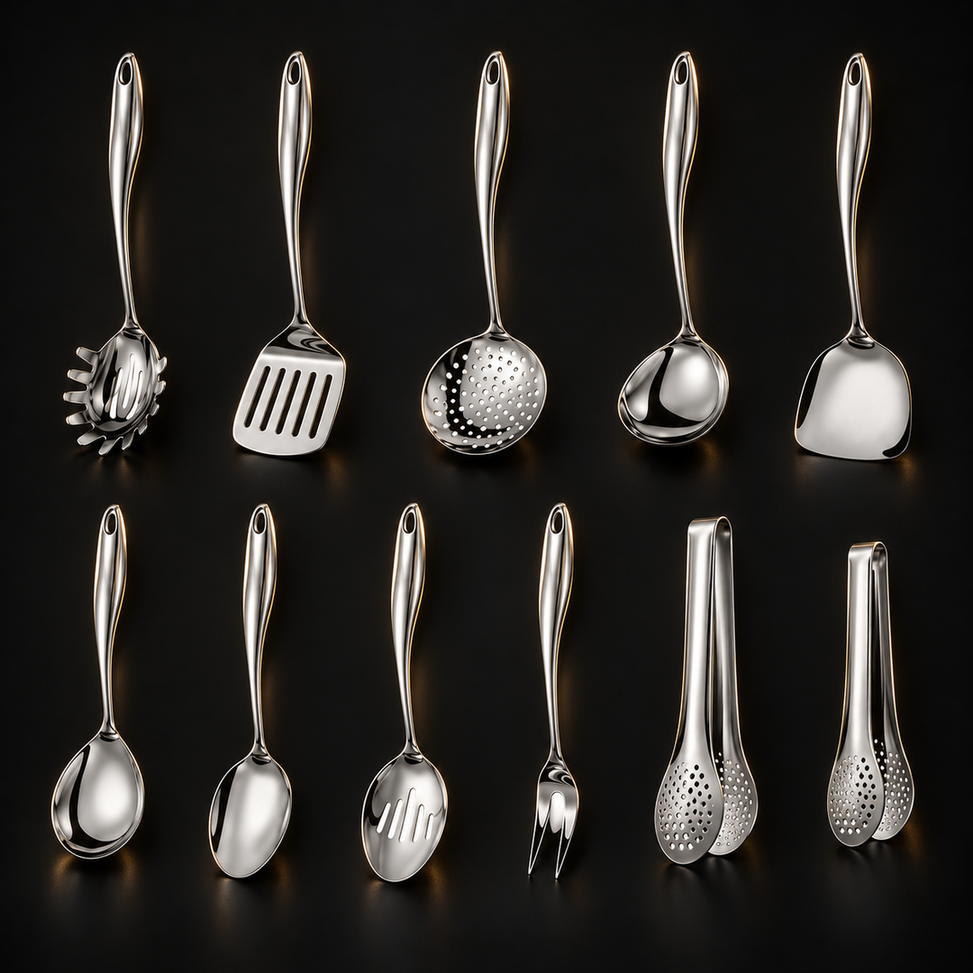 Stainless steel kitchen utensil set with curved handles, 3 to 11 pieces