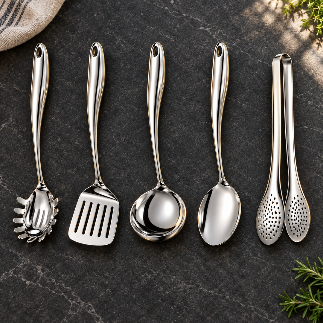 Stainless steel kitchen utensil set with curved handles, 3 to 11 pieces