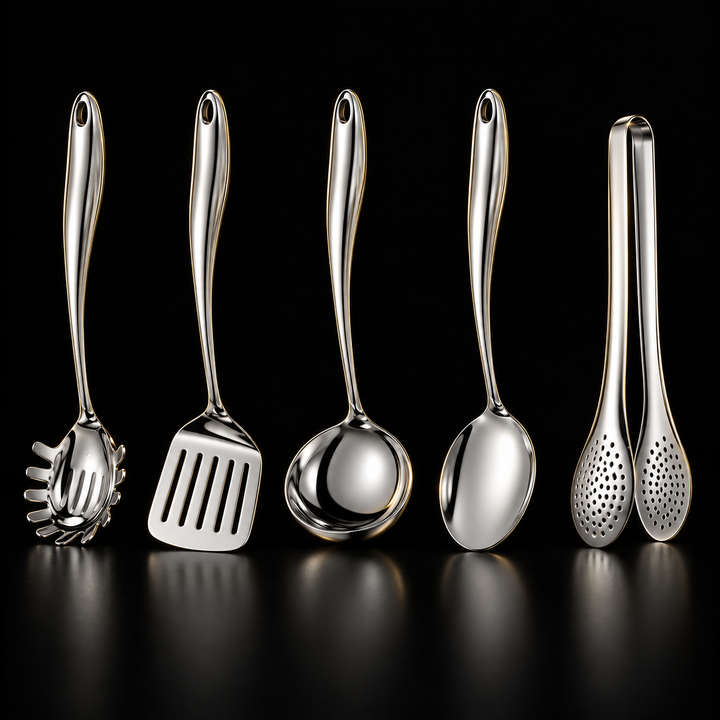 Stainless steel kitchen utensil set with curved handles, 3 to 11 pieces