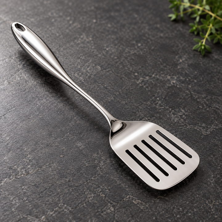 Stainless steel kitchen utensil set with curved handles, 3 to 11 pieces