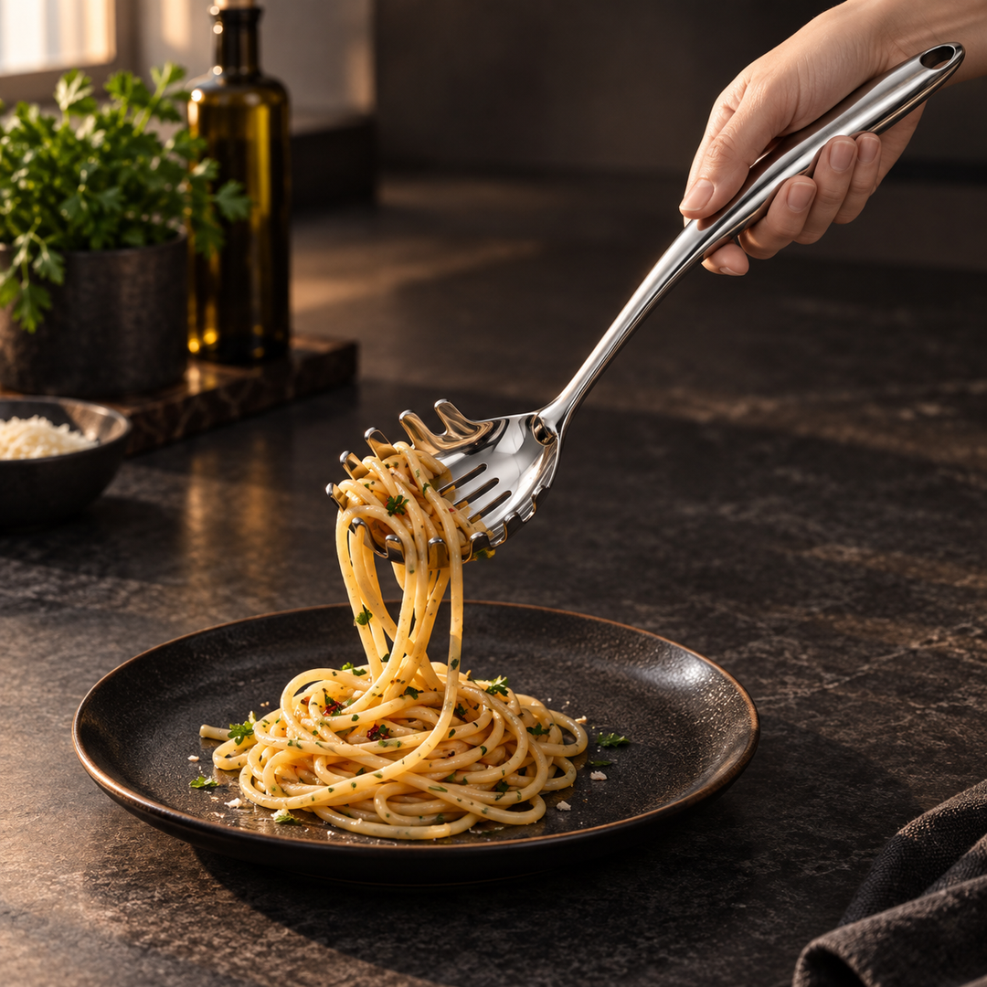 Stainless steel kitchen utensil set with curved handles, 3 to 11 pieces