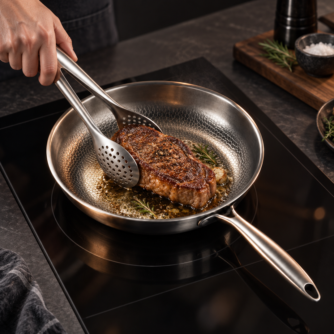 Stainless steel kitchen utensil set with curved handles, 3 to 11 pieces