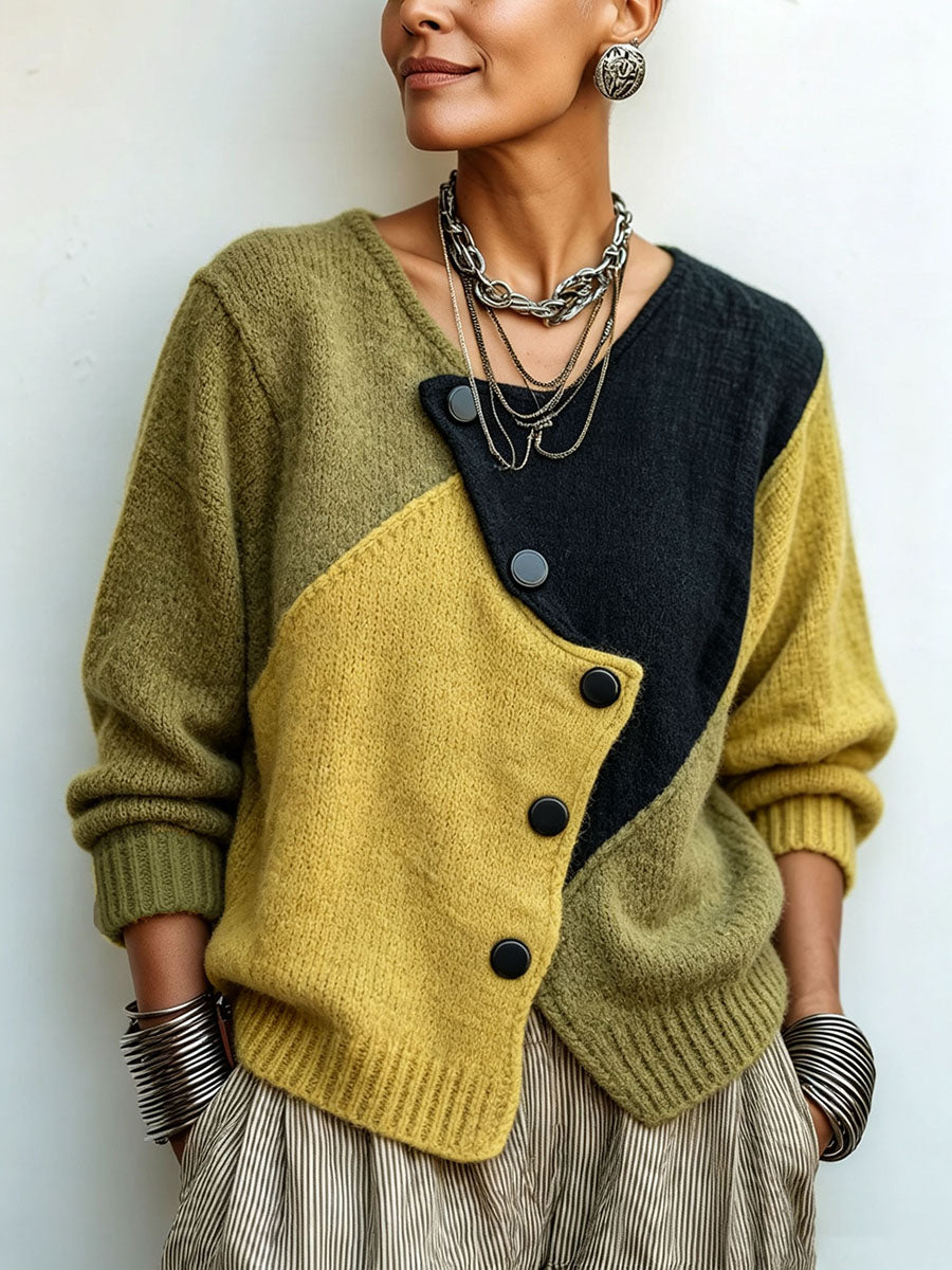Women's Color-Block Knit Sweater with Asymmetric Buttons, Relaxed Fit