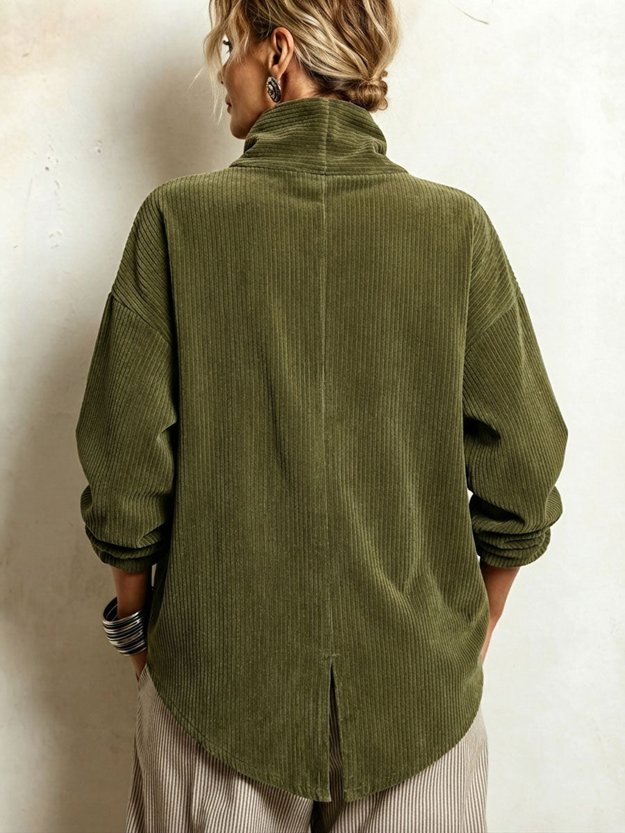Women's Corduroy Sweatshirt with Asymmetric Button Placket and Draped Shawl Collar