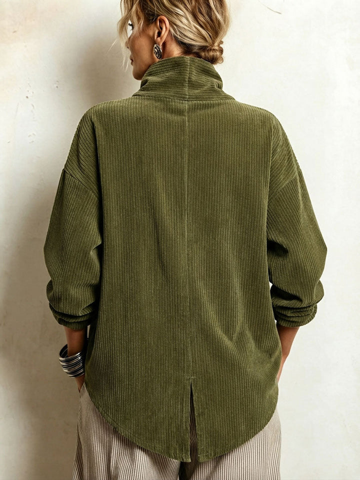 Women's Corduroy Sweatshirt with Asymmetric Button Placket and Draped Shawl Collar