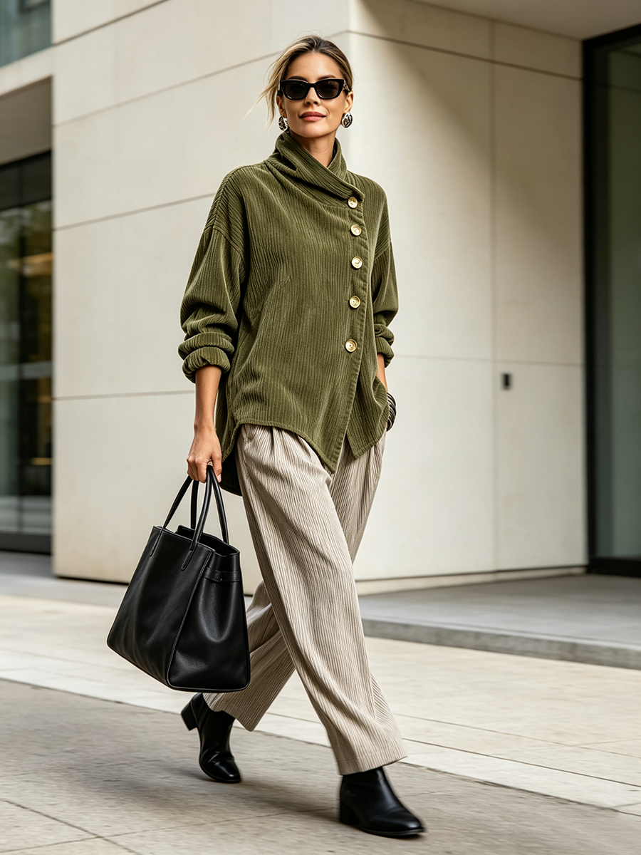 Women's Corduroy Sweatshirt with Asymmetric Button Placket and Draped Shawl Collar