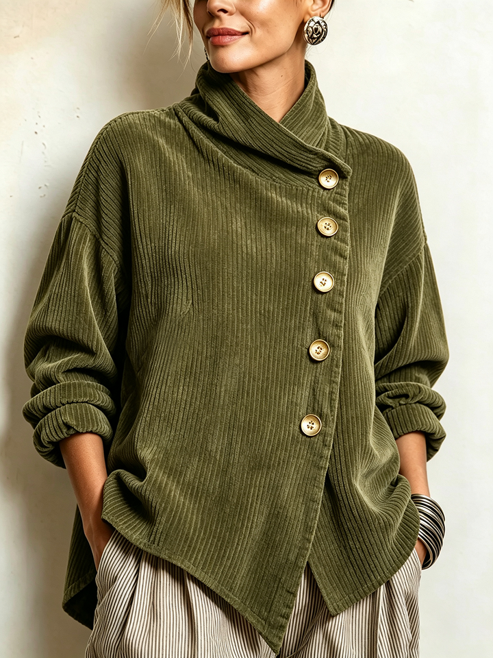Women's Corduroy Sweatshirt with Asymmetric Button Placket and Draped Shawl Collar