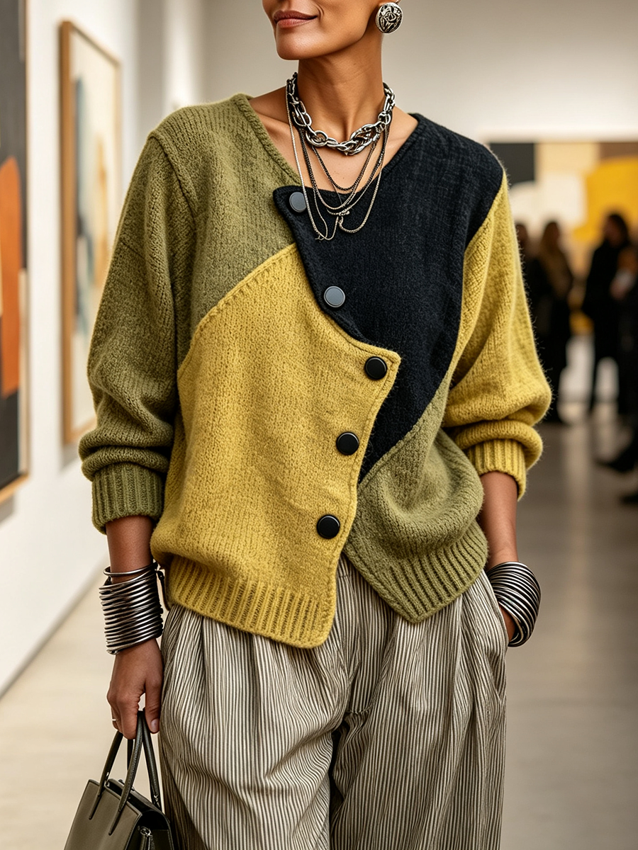 Women's Knit Sweater with Asymmetric Buttons in Color-Block Style