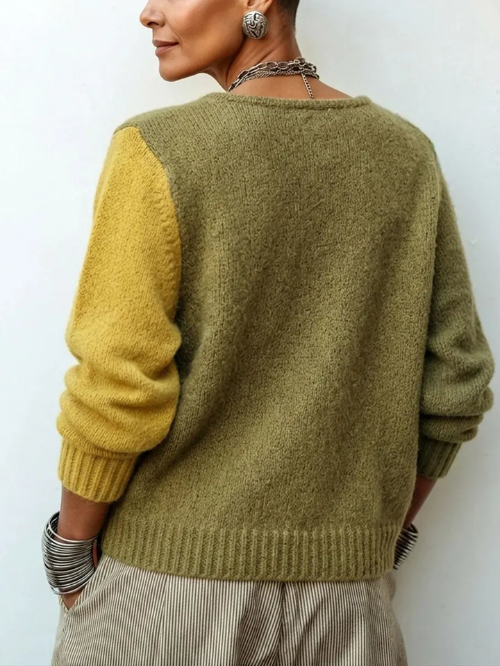 Women's Knit Sweater with Asymmetric Buttons in Color-Block Style