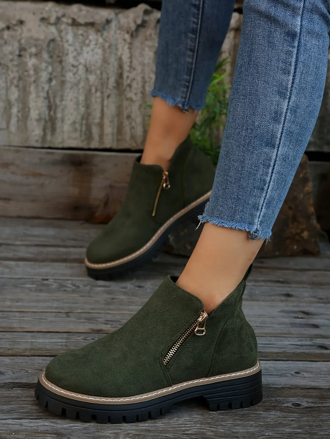 Leopard Print Suede Side-Zip Ankle Boots With Chunky Lug Sole