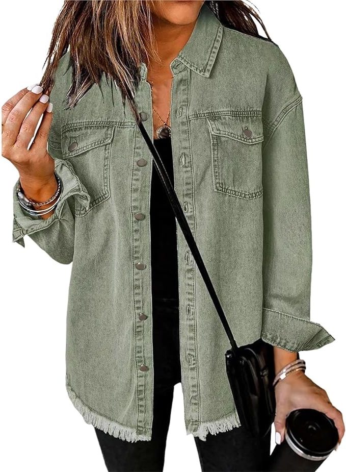 Denim Oversized Jacket with Button-Down Front for Women