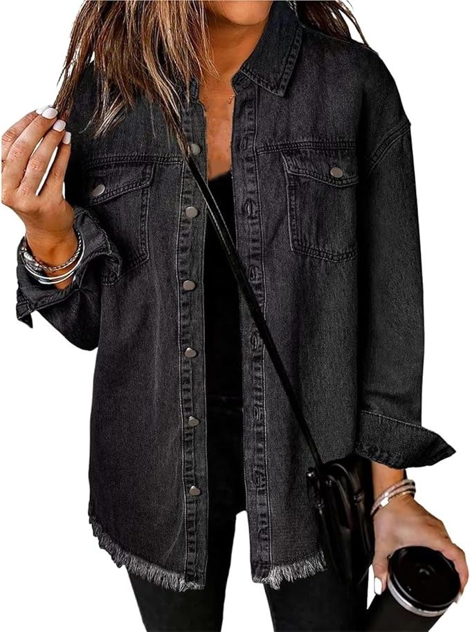 Denim Oversized Jacket with Button-Down Front for Women