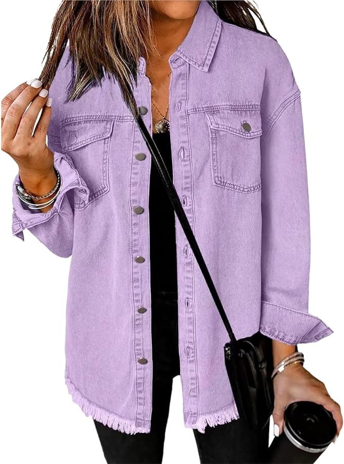 Denim Oversized Jacket with Button-Down Front for Women