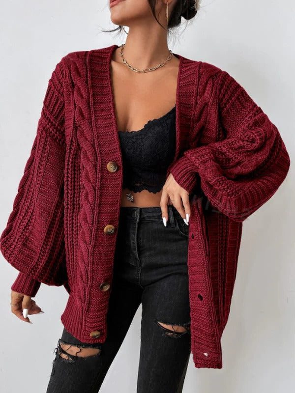 Cable Knit Oversized Cardigan with Button-Down Front for Women