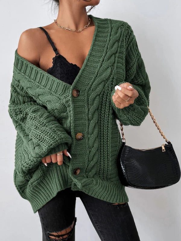 Cable Knit Oversized Cardigan with Button-Down Front for Women