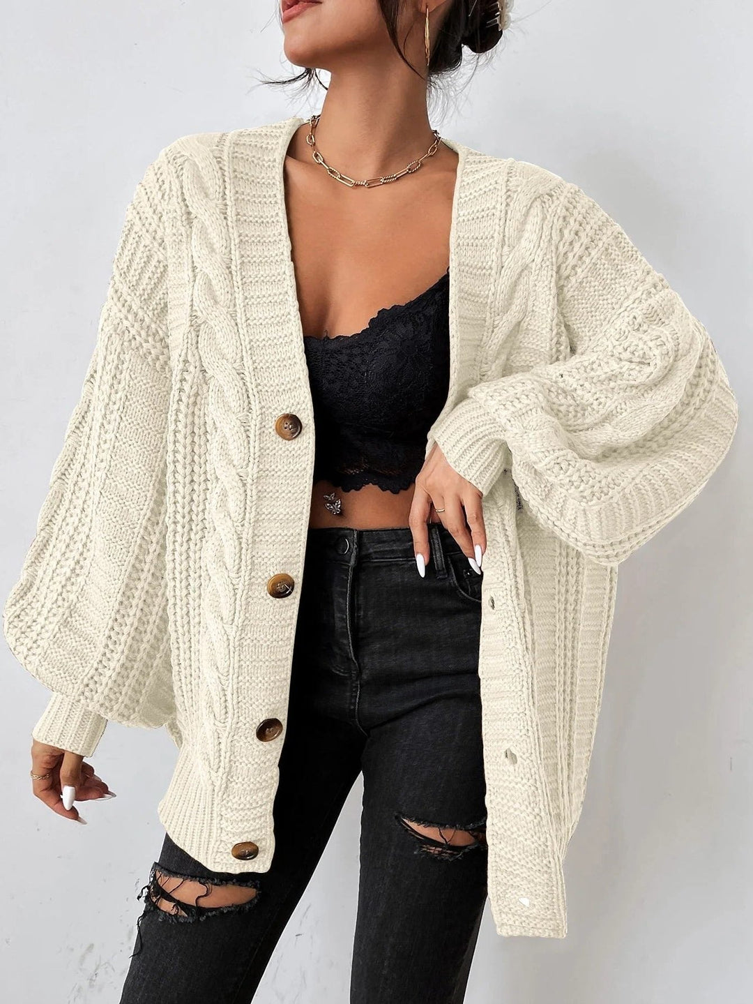 Cable Knit Oversized Cardigan with Button-Down Front for Women