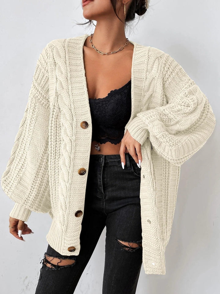 Cable Knit Oversized Cardigan with Button-Down Front for Women