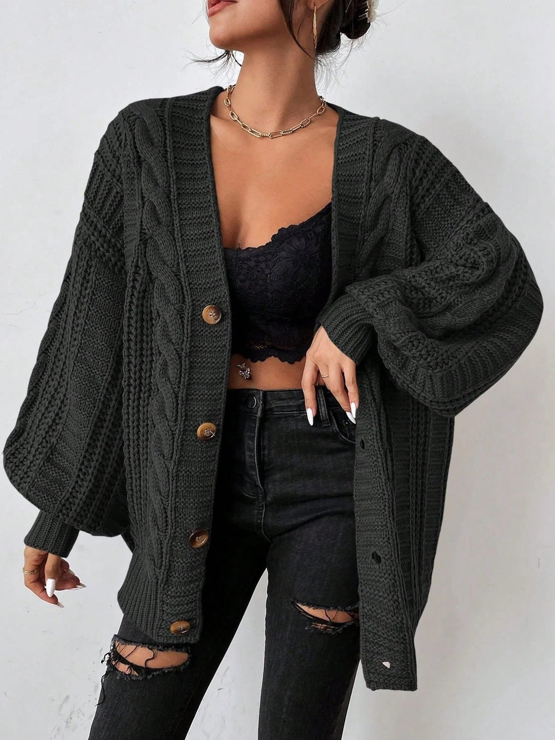 Cable Knit Oversized Cardigan with Button-Down Front for Women