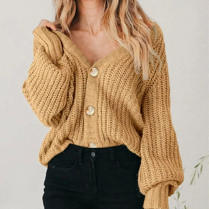 Chunky Knit Cardigan with Balloon Sleeves and V-Neck for Women