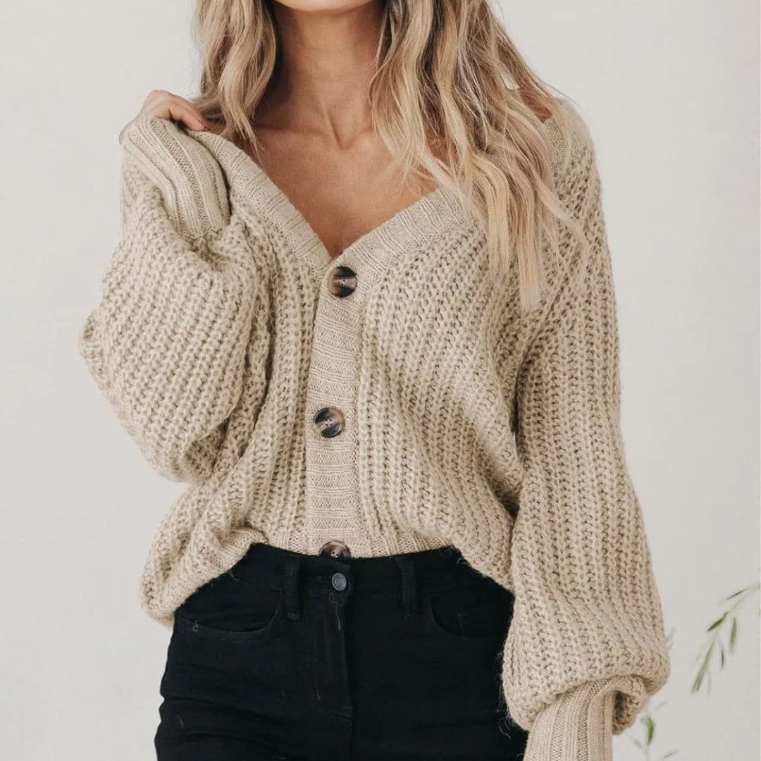 Chunky Knit Cardigan with Balloon Sleeves and V-Neck for Women