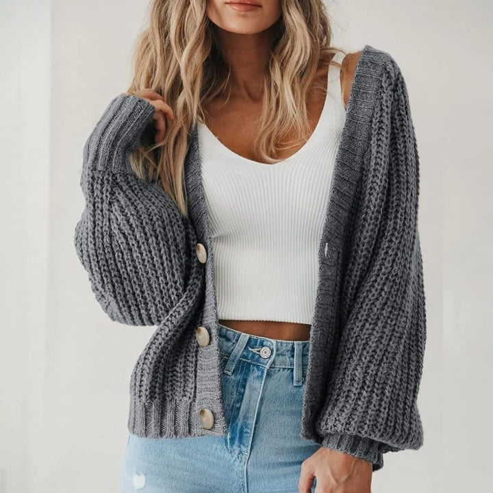 Chunky Knit Cardigan with Balloon Sleeves and V-Neck for Women