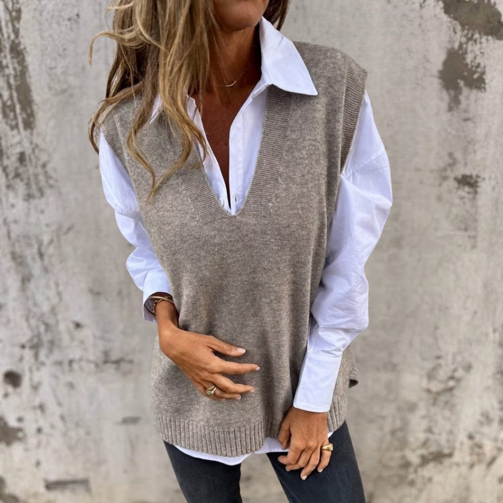 Ribbed Knit Oversized Vest with V-Neck for Women