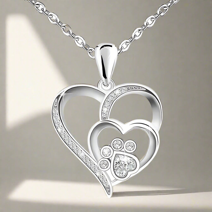 Sterling Silver Paw & Heart Necklace with Zirconia