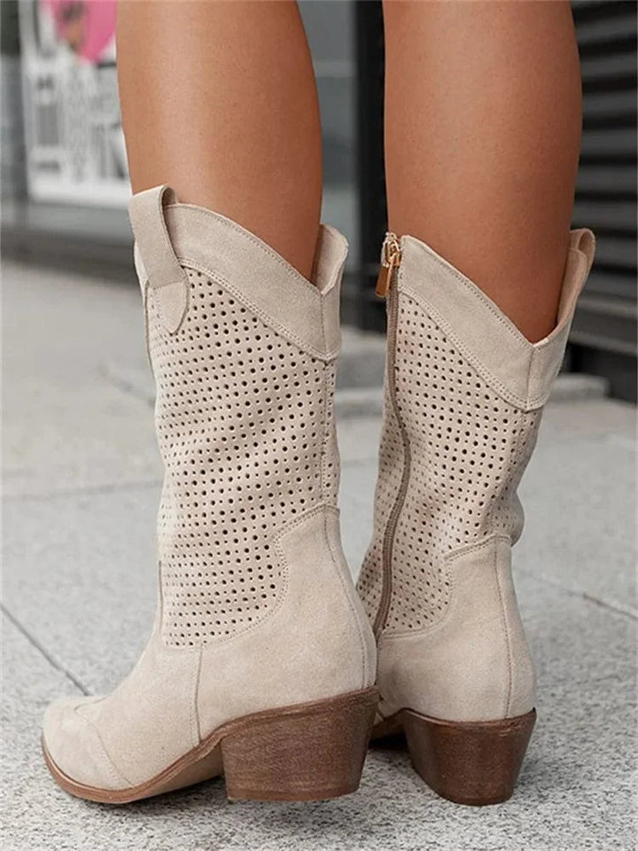 Perforated Block Heel Cowboy Boots