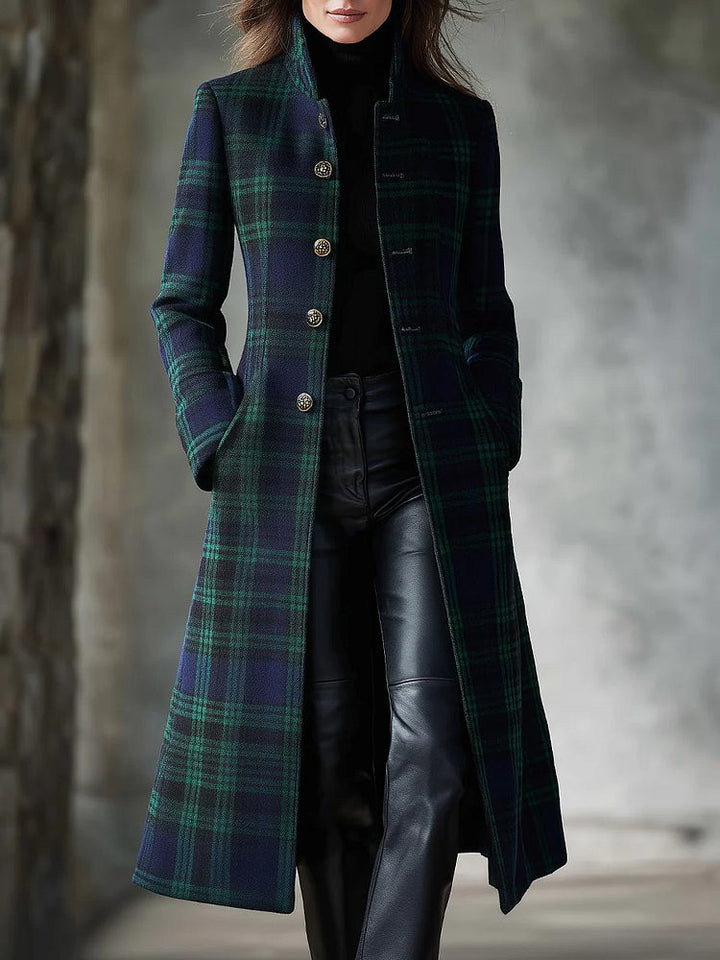 Plaid Midi Coat with Button-Front for Women