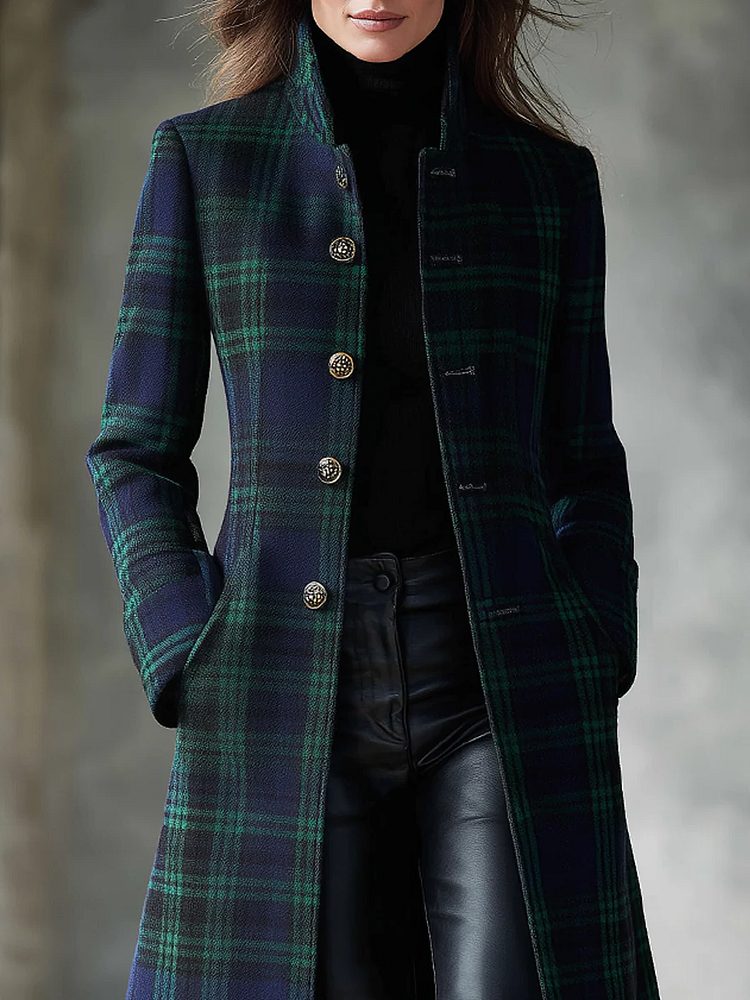 Plaid Midi Coat with Button-Front for Women