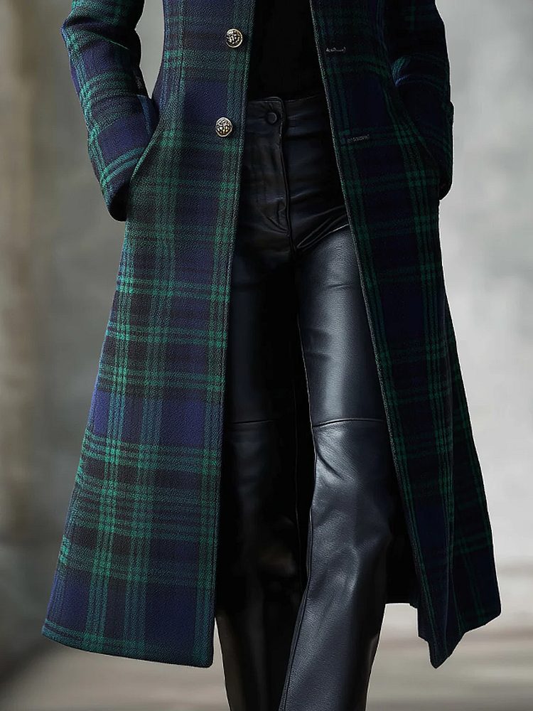 Plaid Midi Coat with Button-Front for Women