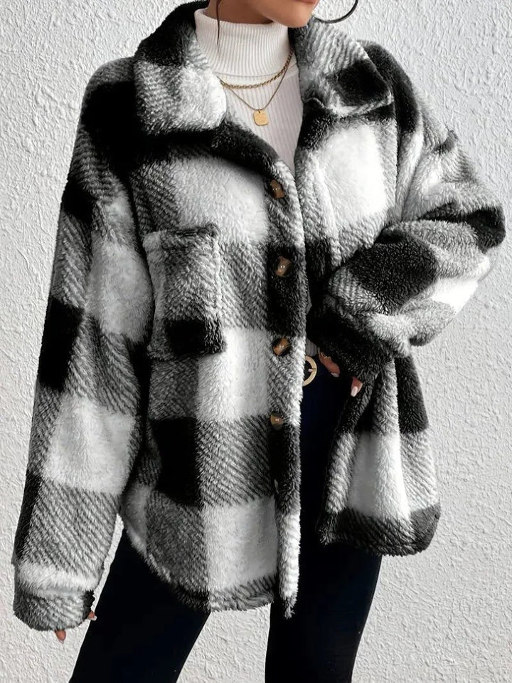 Plaid Oversized Button-Up Fluffy Jacket