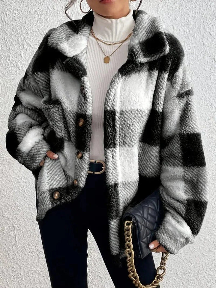 Plaid Oversized Button-Up Fluffy Jacket