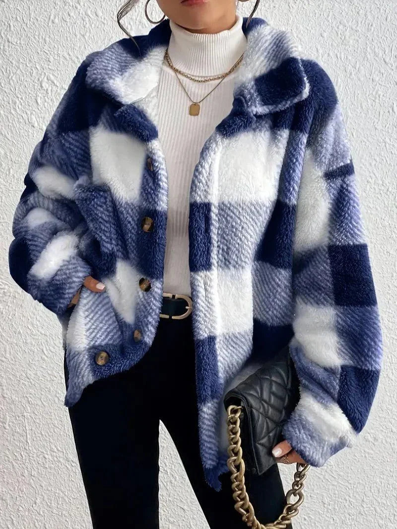 Plaid Oversized Button-Up Fluffy Jacket