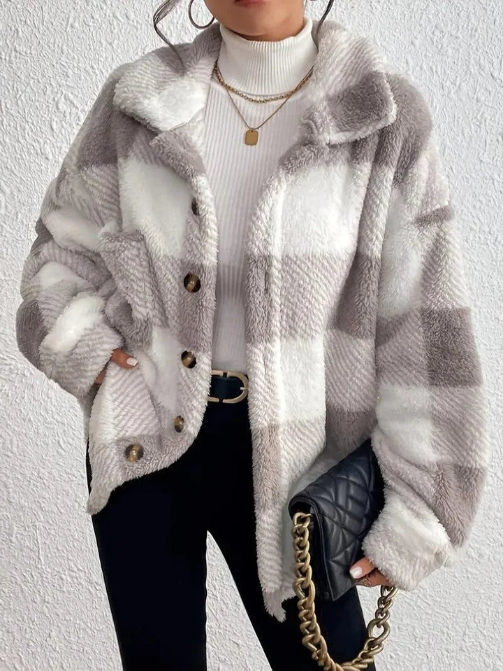 Plaid Oversized Button-Up Fluffy Jacket