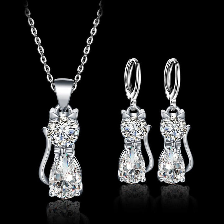Necklace + Earrings Set Happy Cats in Sterling Silver and Polished White Zirconia