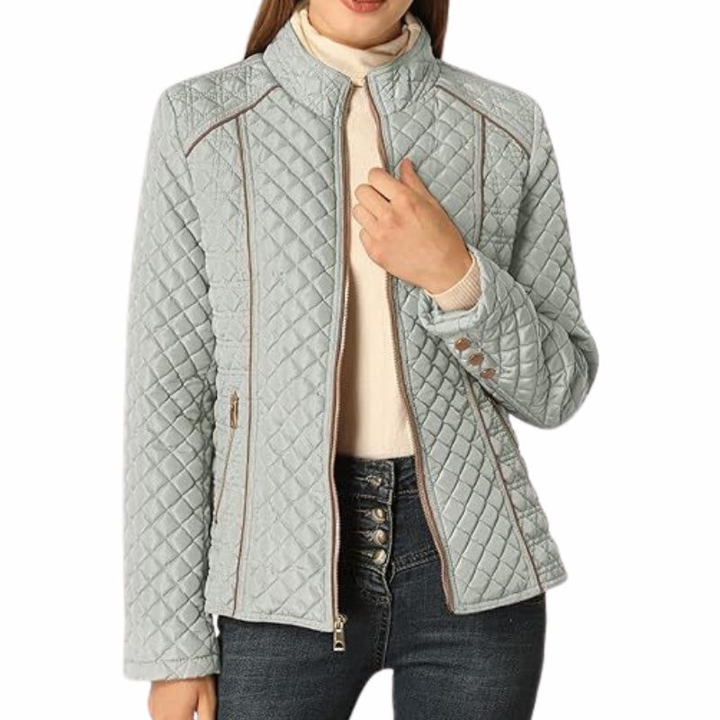 Quilted Jacket with Stand Collar and Zip for Women