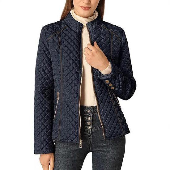 Quilted Jacket with Stand Collar and Zip for Women