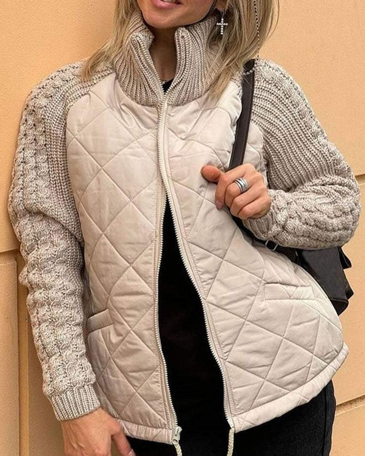 Quilted Jacket with Knit Sleeves and Zip-Up for Women