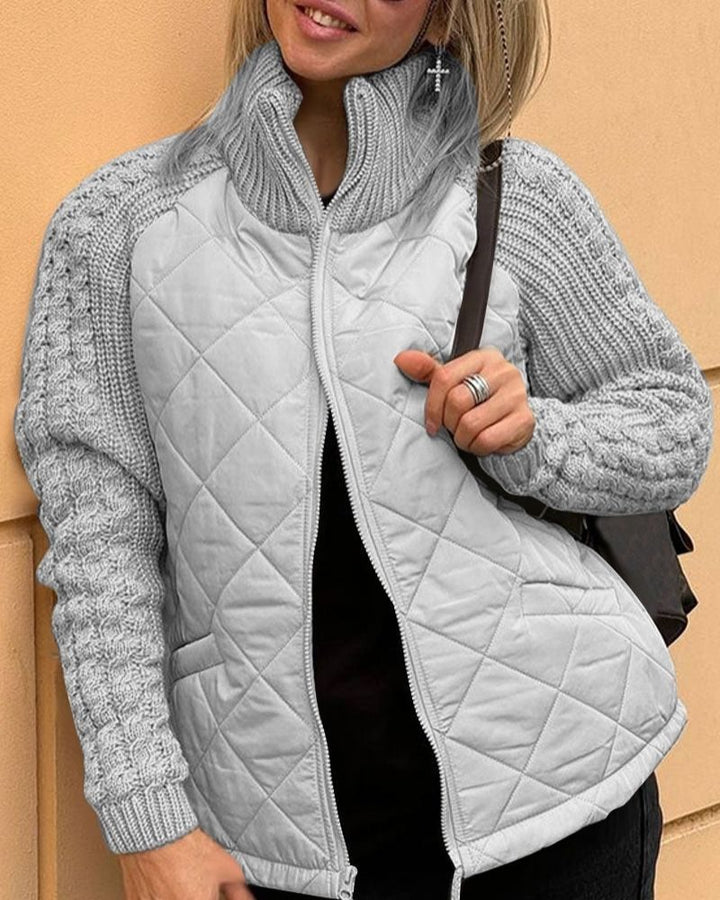 Quilted Jacket with Knit Sleeves and Zip-Up for Women