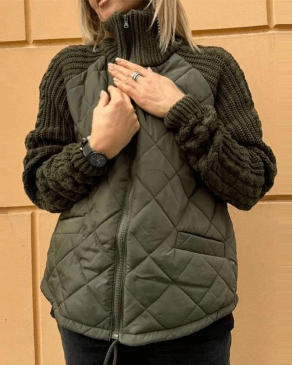 Quilted Jacket with Knit Sleeves and Zip-Up for Women