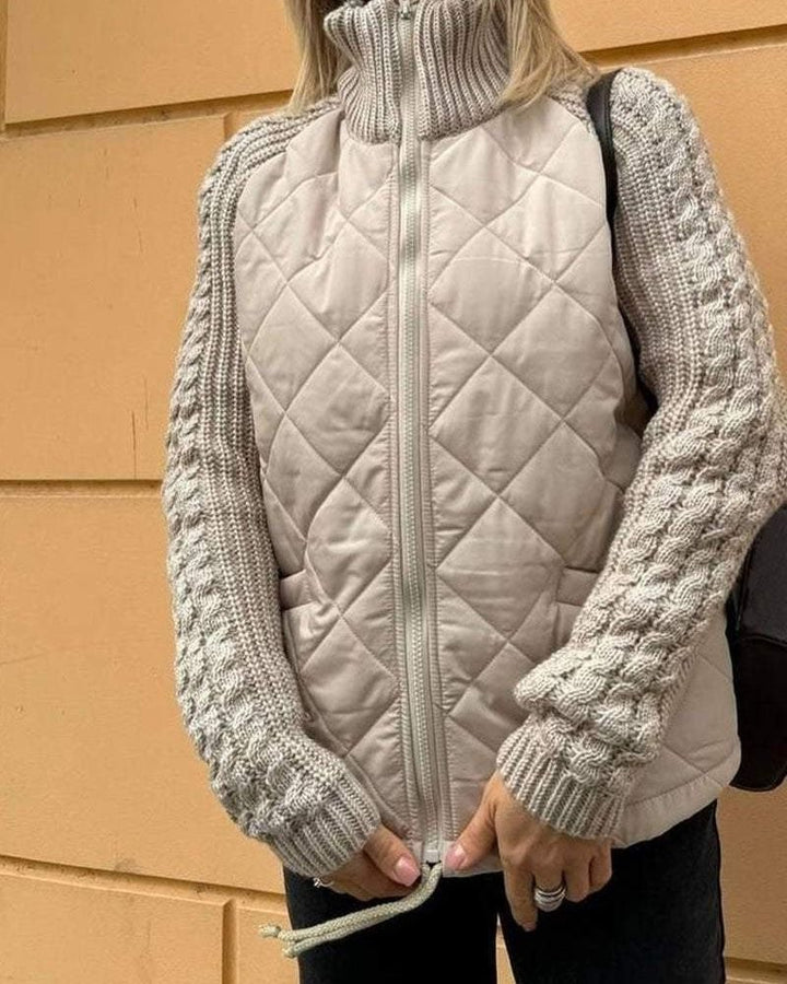 Quilted Jacket with Knit Sleeves and Zip-Up for Women